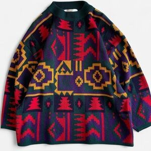 Vintage Diana Marco Retro Geometric Aztec Red Green Yellow Purple 80s Sweater-